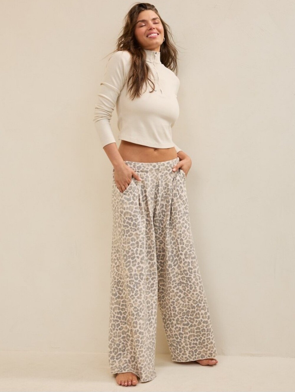NWT Aerie Wide-Leg Leopard Print Street Trousers - Cream & Taupe (Cake Batter)